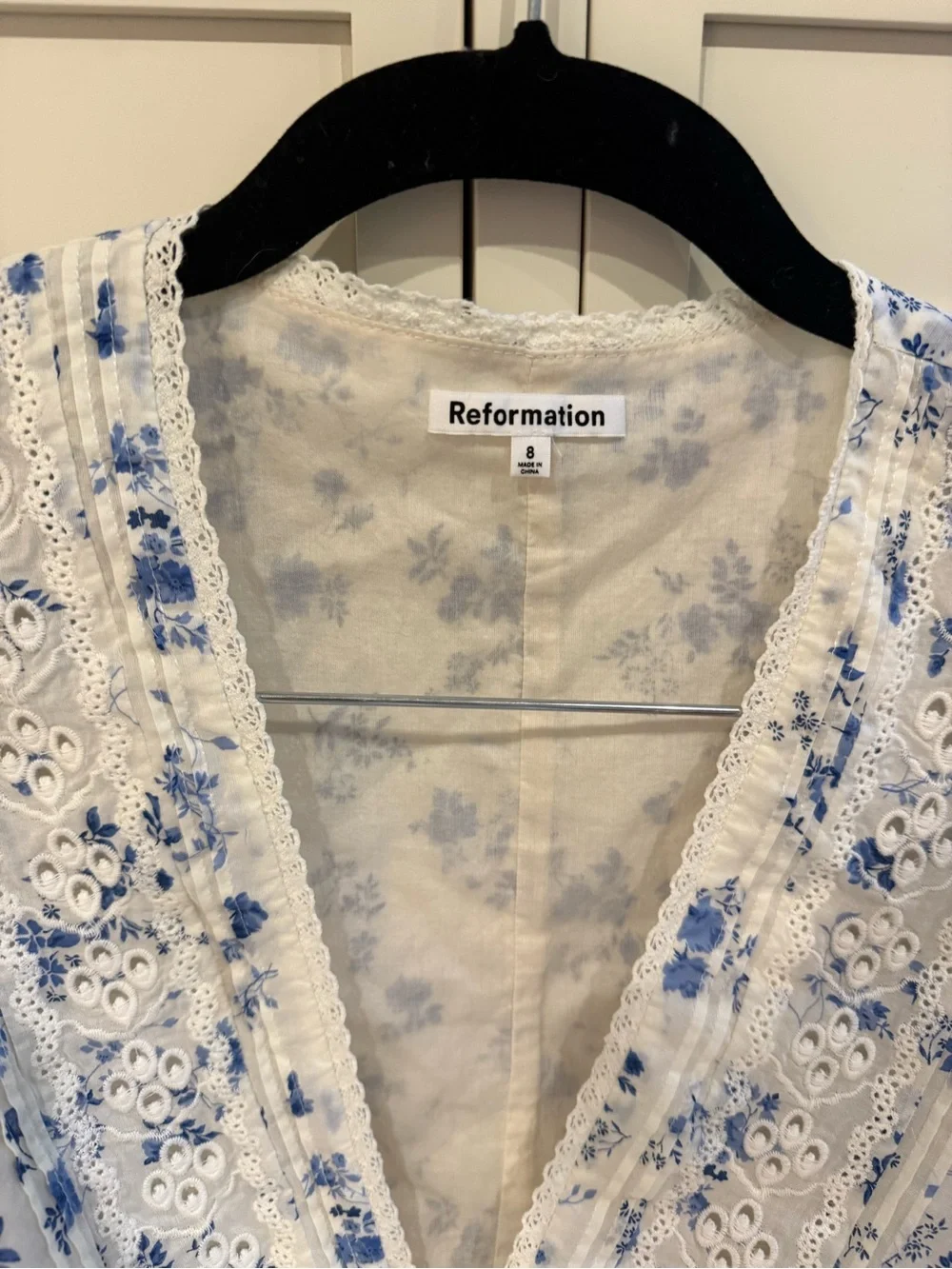 Reformation White and Blue Floral Lace-Trim Peplum Top like new